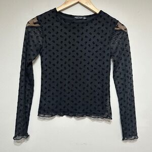 Sheer Floral Velvet Mesh Long Sleeve Top Womens 2 Black Whimsygoth Goth Party